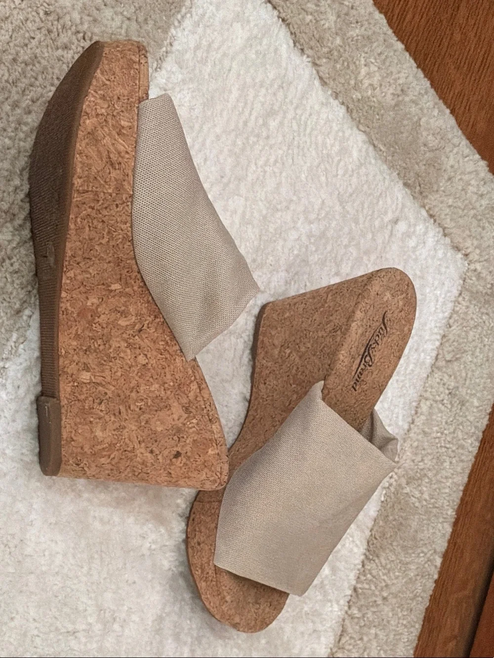 Lucky Brand Beige Canvas Cork Wedge Slide Sandals